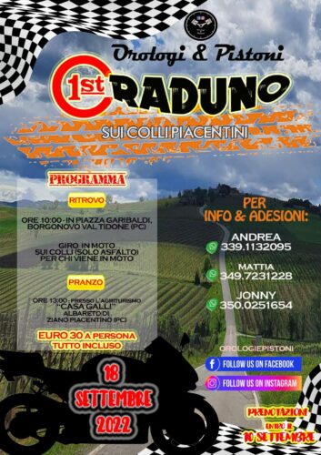 Programma del 1^ raduno Orologi e pistoni in Val Tidone 18 settembre 2022
