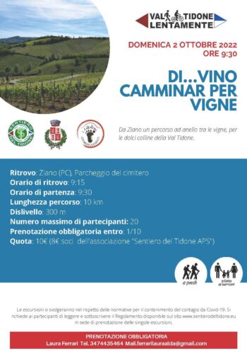 Locandina con informazioni escursione Val Tidone Lentamente 2 ottobre 2022 a Ziano Piacentino